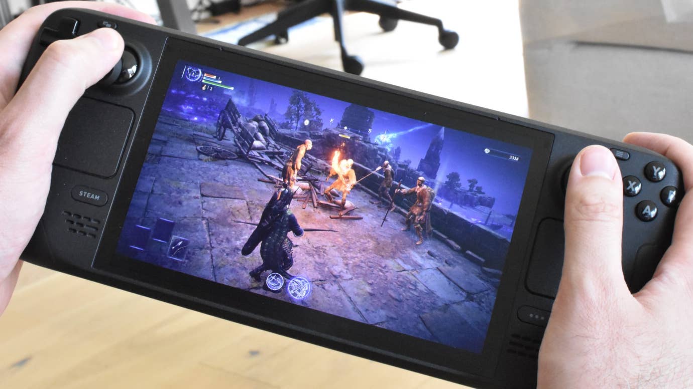 Fighting some wandering nobles in Elden Ring Nightreign, running on a Steam Deck OLED.